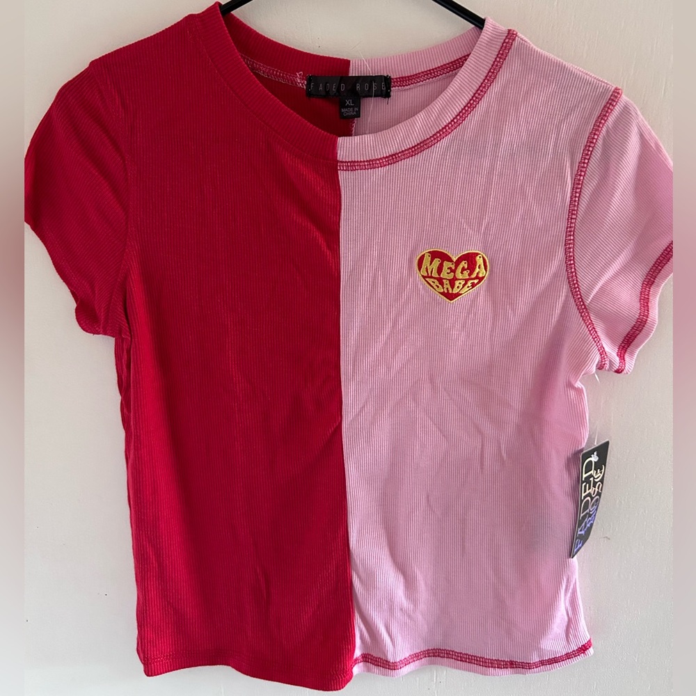 Cropped Two-Tone Red and Pink T-Shirt